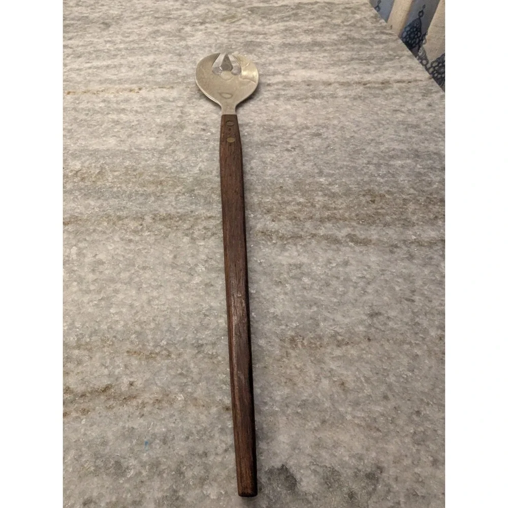 1 x Vintage MCM Teak SALAD SERVING Wood Handle Fork Japan Stainless‎ Steel